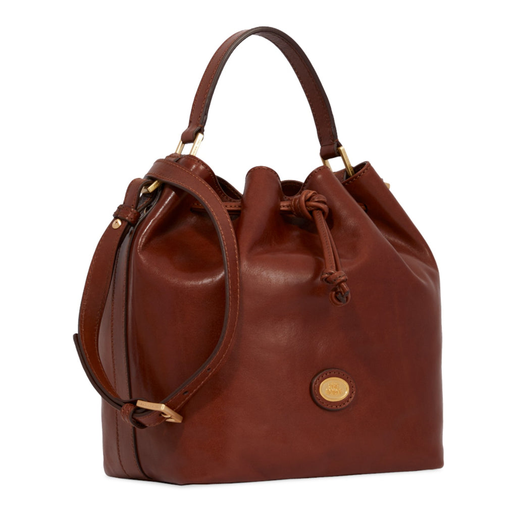 Lieblingstasche brown leather drawstring bucket bag with shoulder strap and gold hardware.