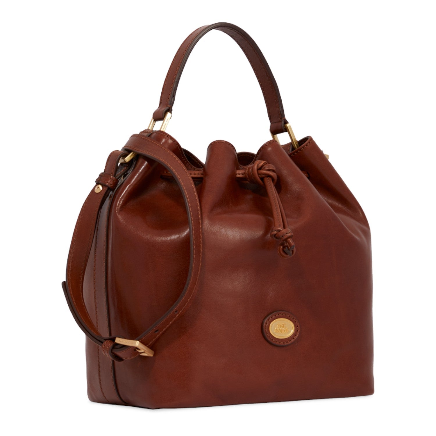 Lieblingstasche brown leather drawstring bucket bag with shoulder strap and gold hardware.