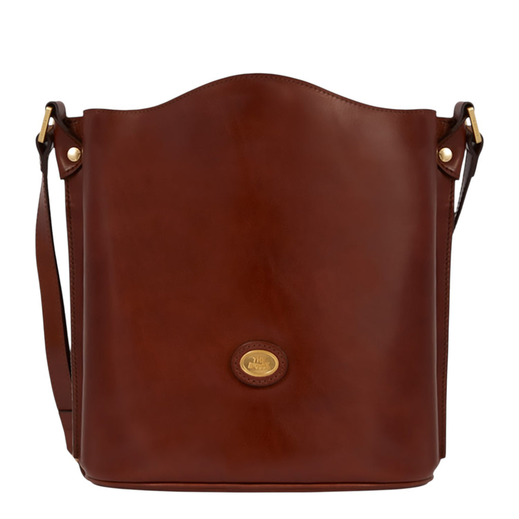 Lieblingstasche brown leather bucket bag with adjustable strap and gold hardware.