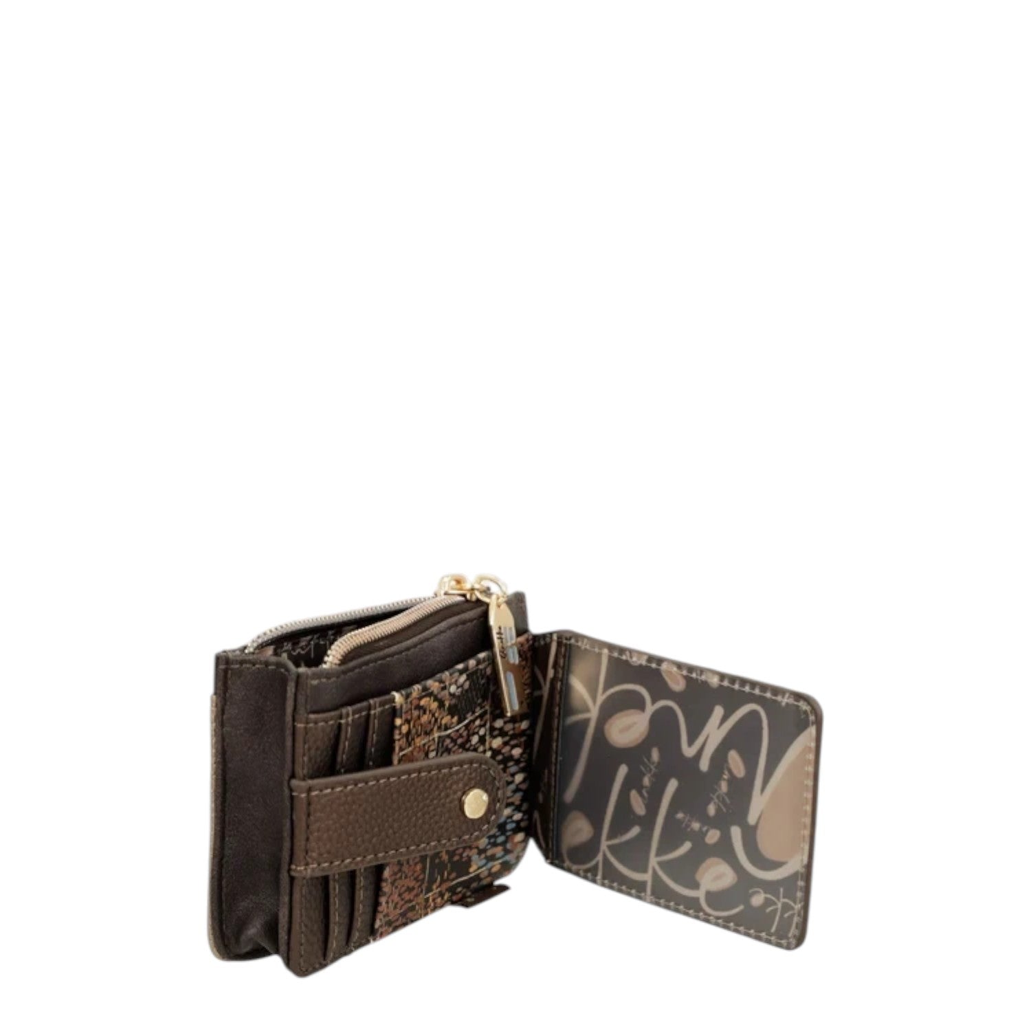 Lieblingstasche brown leather card holder with patterned accents, gold zipper, and transparent ID window