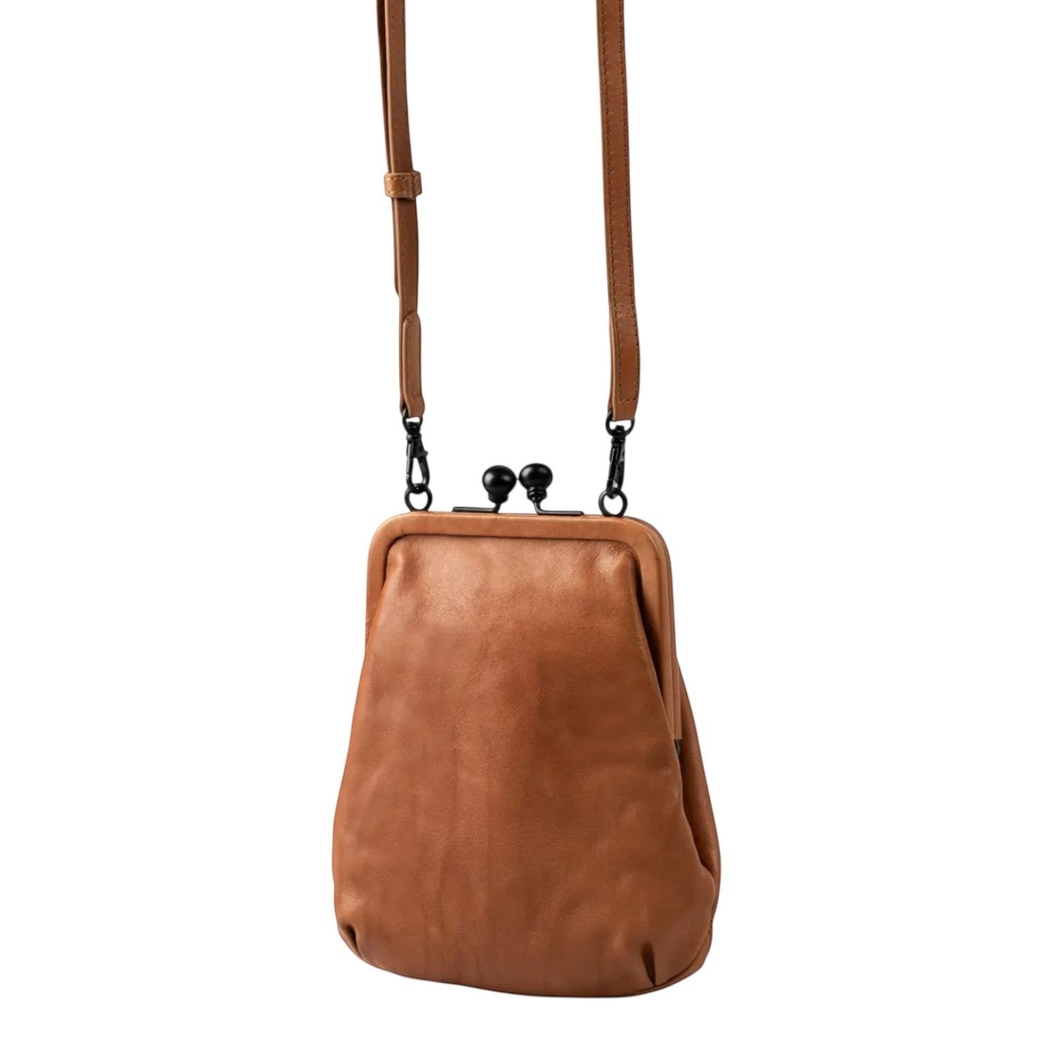 Lieblingstasche aunts & uncles Mrs. Sugar Pop vintage brown leather handbag with a black kiss-lock clasp