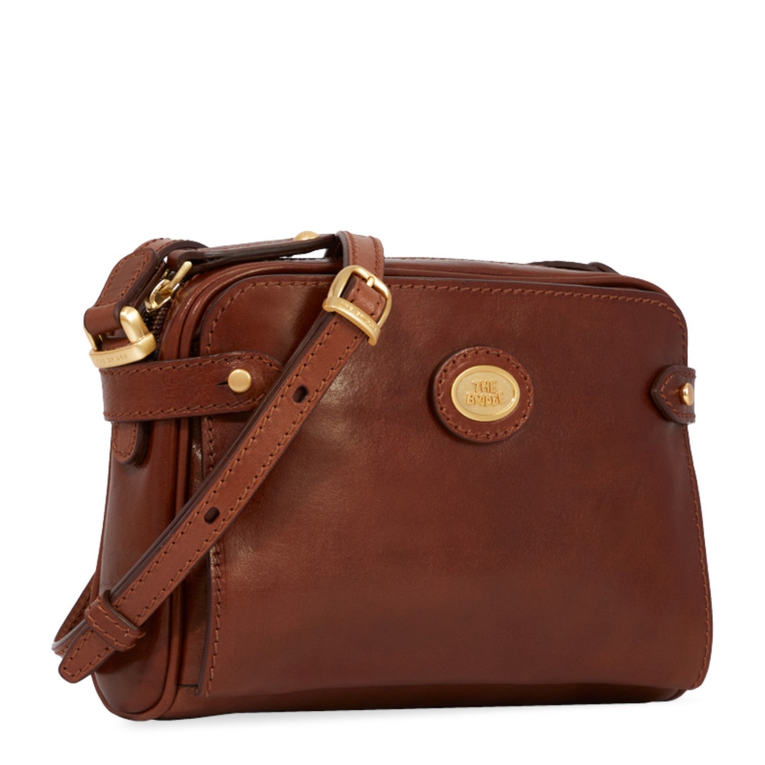 Lieblingstasche brown leather crossbody bag with gold buckle and adjustable strap.