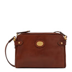 Lieblingstasche brown leather crossbody bag with gold oval logo detail and adjustable strap.