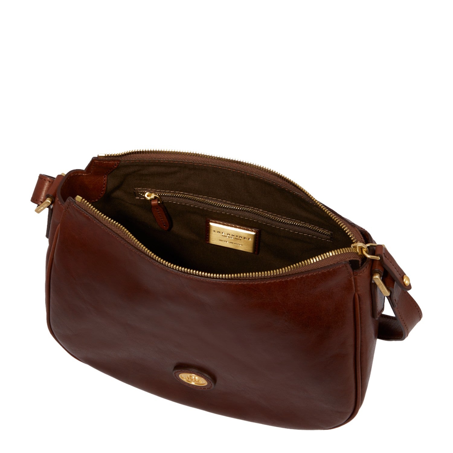 Lieblingstasche brown leather crossbody bag with zip closure and gold hardware.