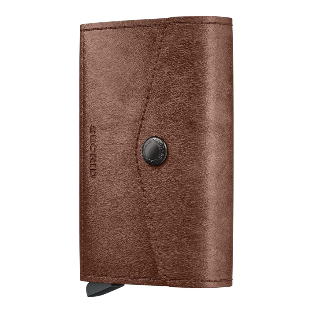 Lieblingstasche Envelope Vintage brown leather cardholder with a snap button closure and Secrid branding