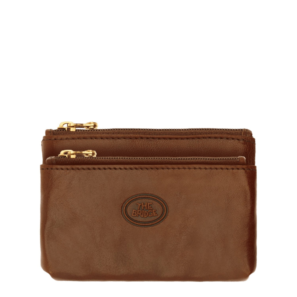 Lieblingstasche brown leather key pouch with two zip compartments and gold hardware, embossed logo.