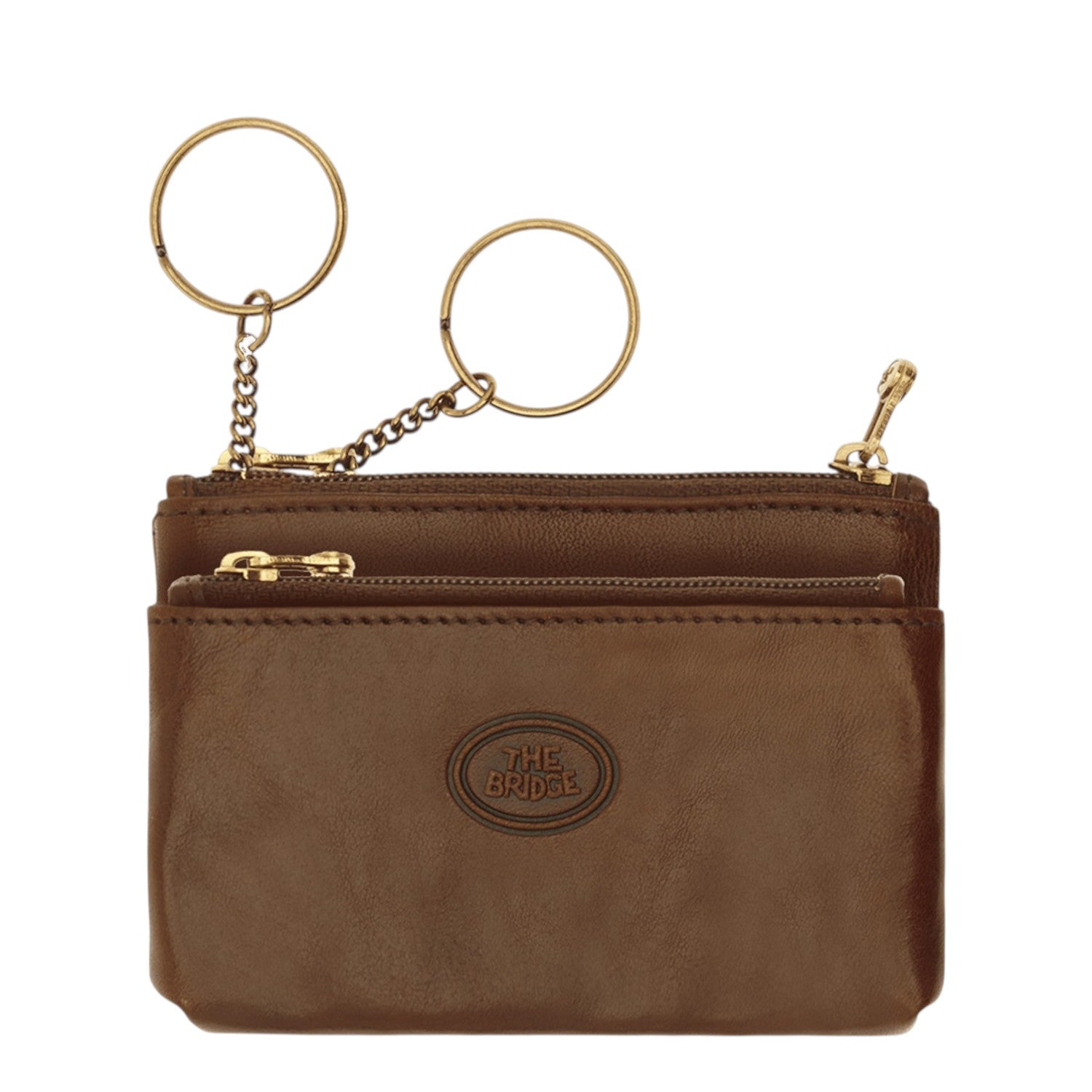 Lieblingstasche brown leather key pouch with two zippered compartments and two gold key rings attached by a chain.