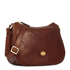 Lieblingstasche brown leather shoulder bag with zipper and adjustable strap, featuring a gold-tone logo emblem.