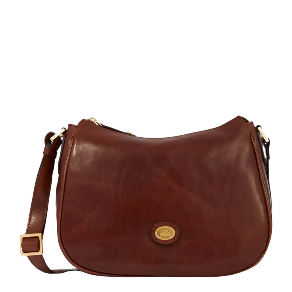 Lieblingstasche brown leather shoulder bag with zipper and gold buckle detail.