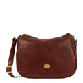Lieblingstasche brown leather shoulder bag with zipper and gold buckle detail.