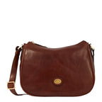 Lieblingstasche brown leather shoulder bag with zipper and gold buckle detail.