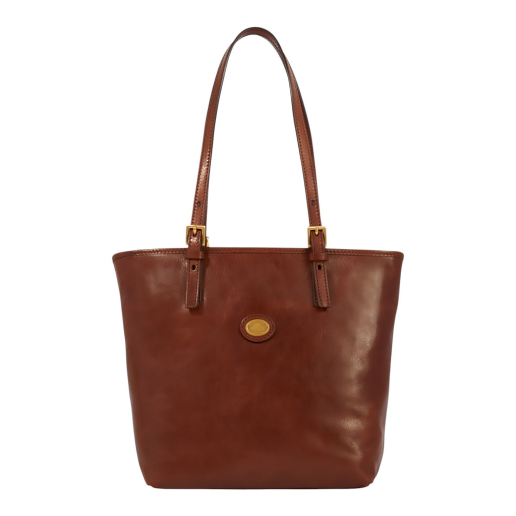 Lieblingstasche brown leather tote bag with gold buckle details and a central embossed logo.