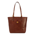 Lieblingstasche brown leather tote bag with gold buckle details and a central embossed logo.