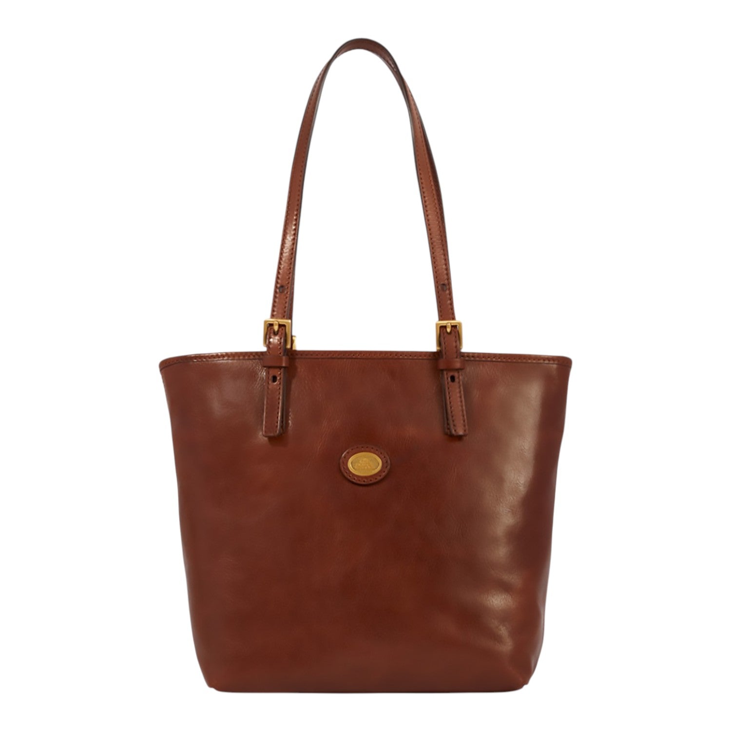 Lieblingstasche brown leather tote bag with gold buckle details and a central embossed logo.