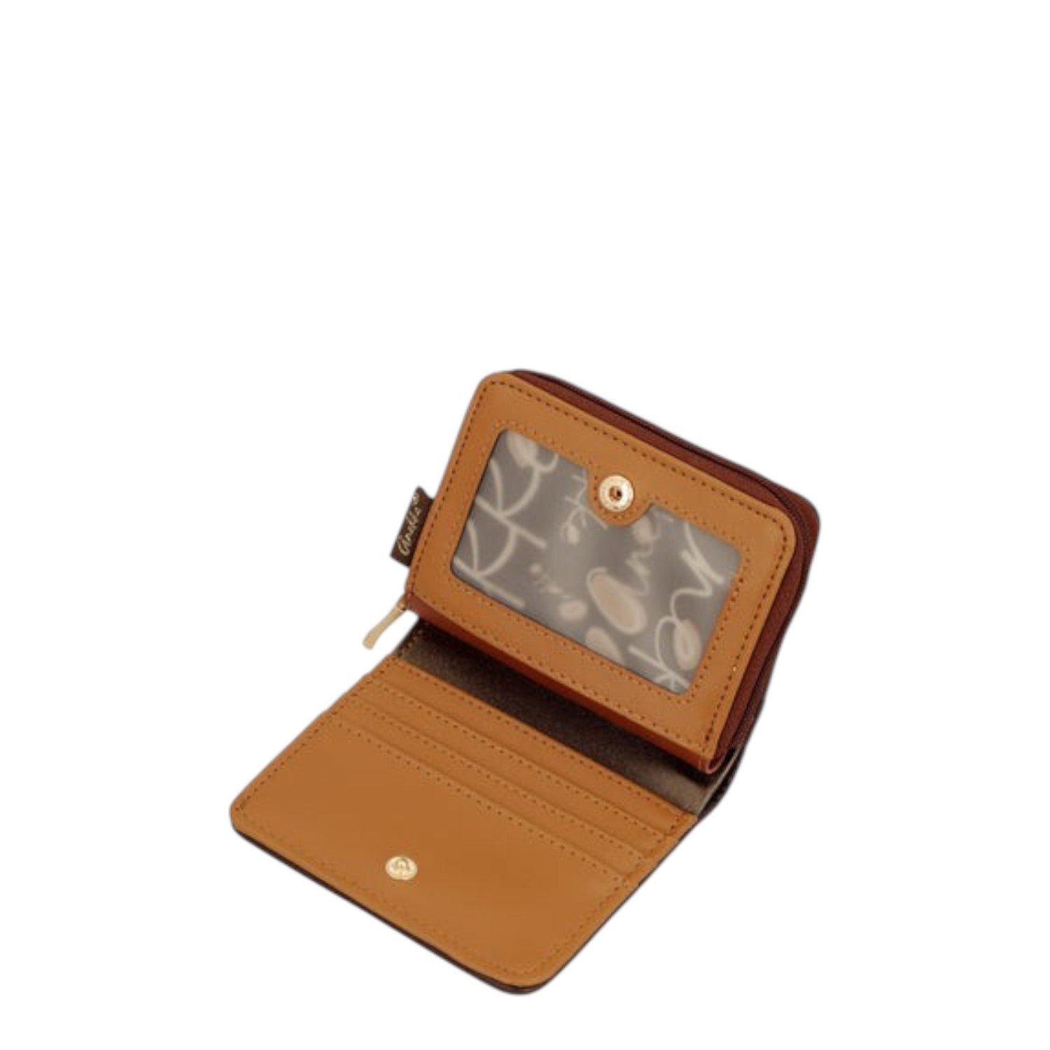 Lieblingstasche brown leather wallet with card slots and a clear ID window, open view