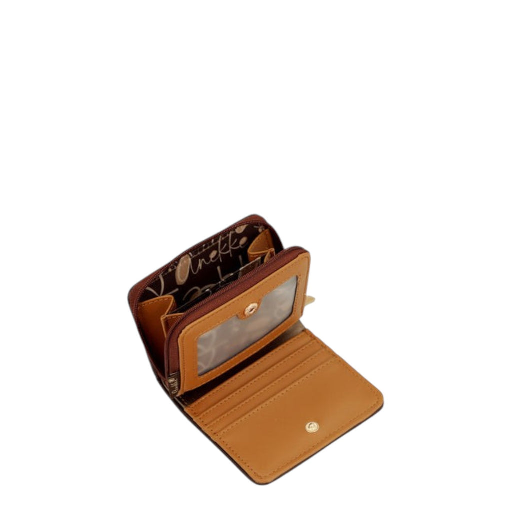Lieblingstasche brown faux leather wallet with an open interior, card slots, and a clear ID window