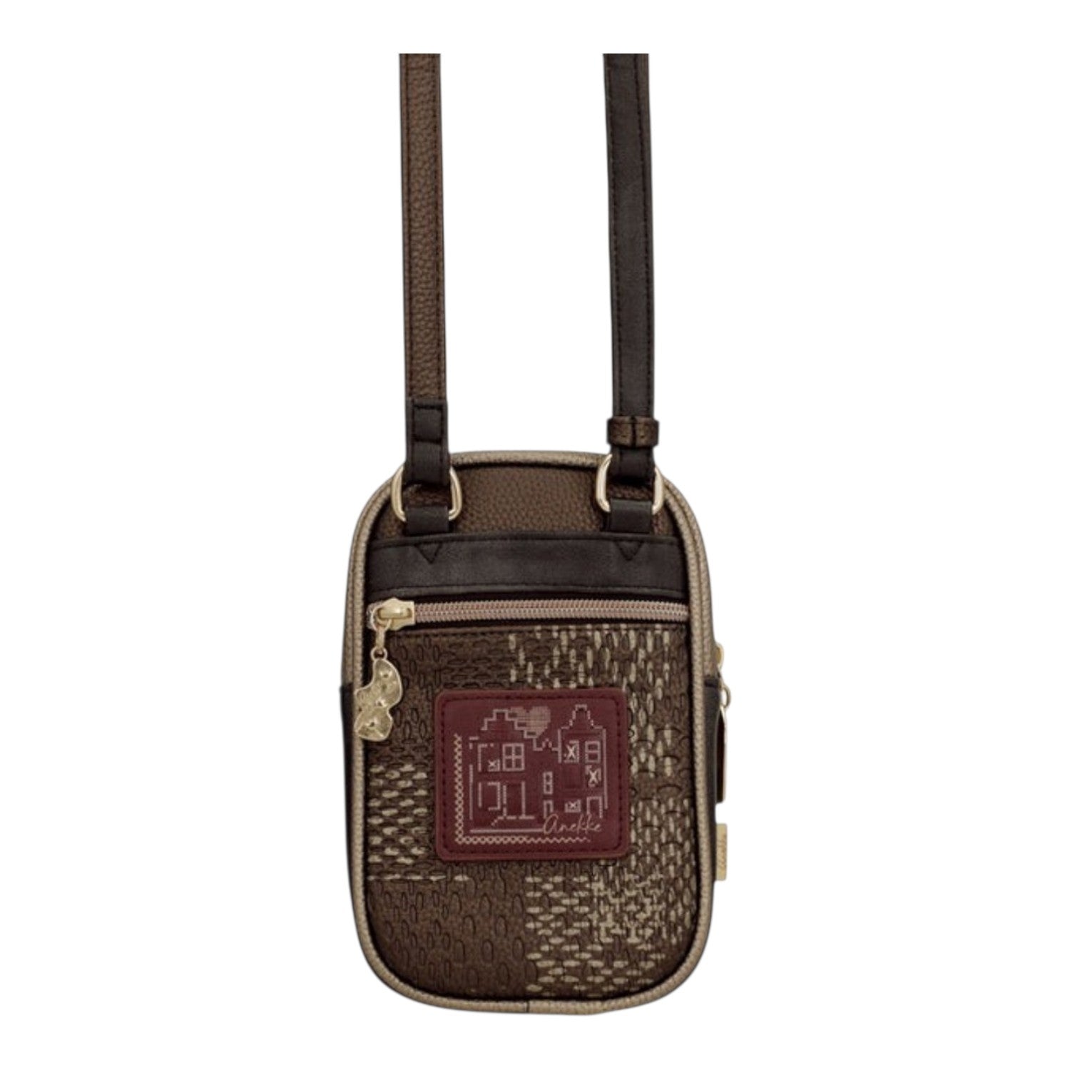 Lieblingstasche mini cross-body bag in brown with textured patterns, front zip pocket, and decorative house patch.