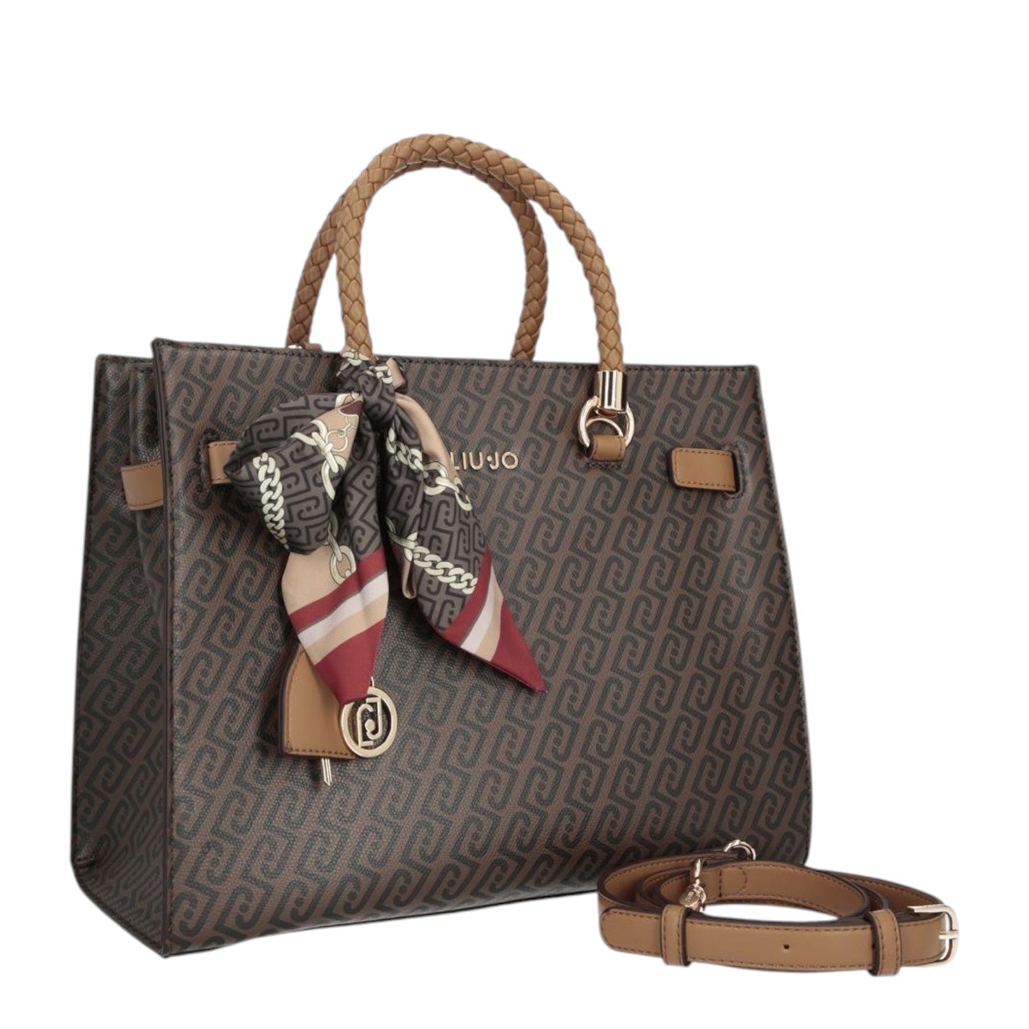 Lieblingstasche Tote M in brown with monogram pattern, braided handles, and a decorative patterned silk scarf.