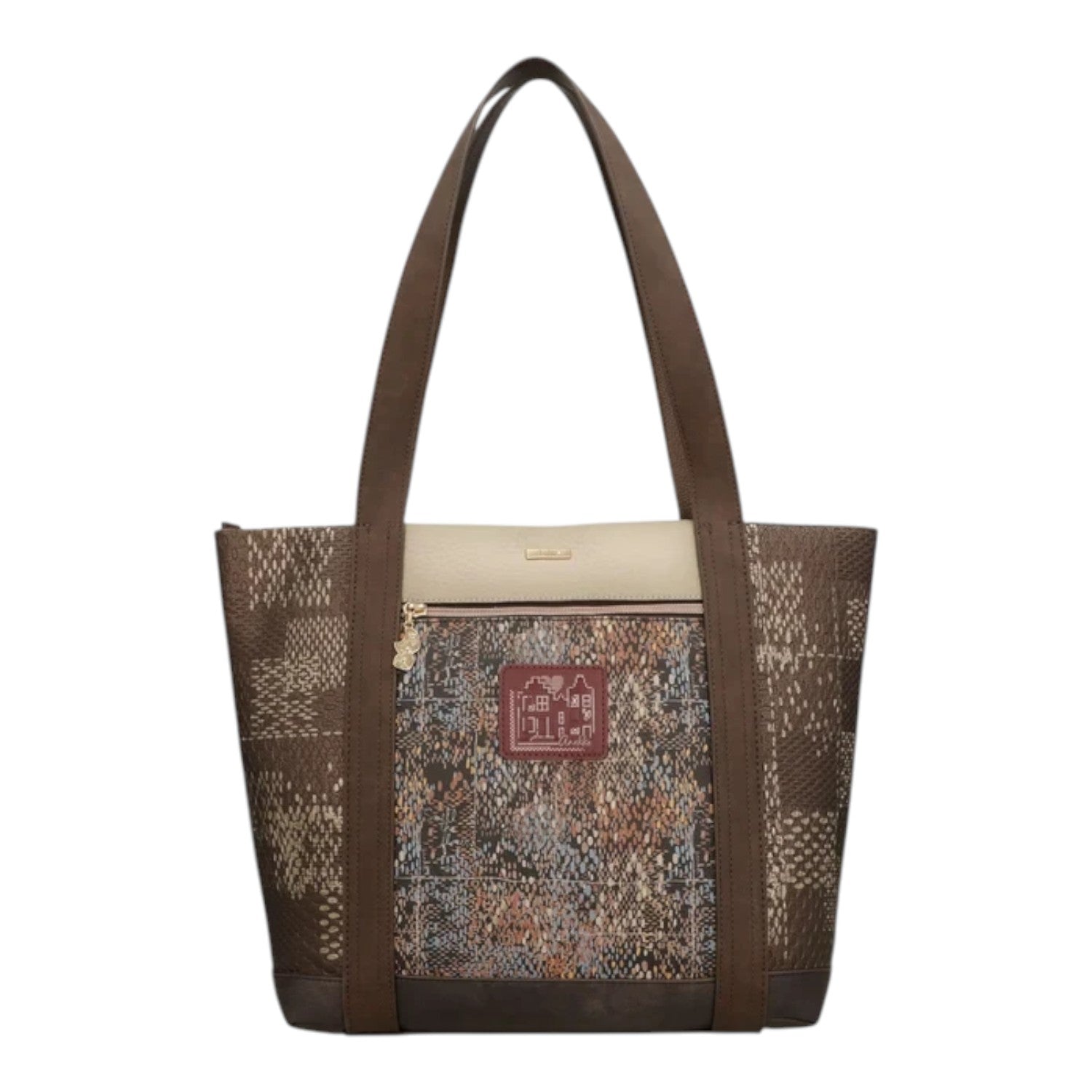 Lieblingstasche shoulder bag featuring a brown and beige patchwork pattern with a central house motif and zip pocket