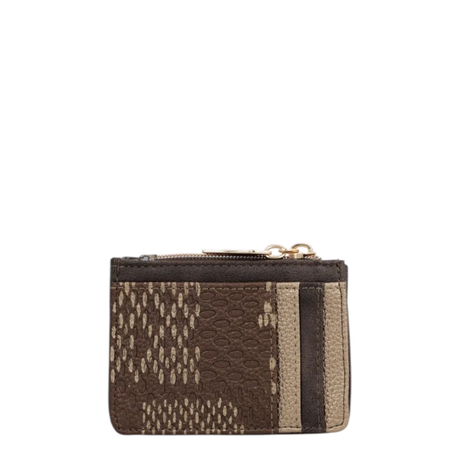 Lieblingstasche card holder in brown with a textured geometric pattern and a gold-tone zipper closure.