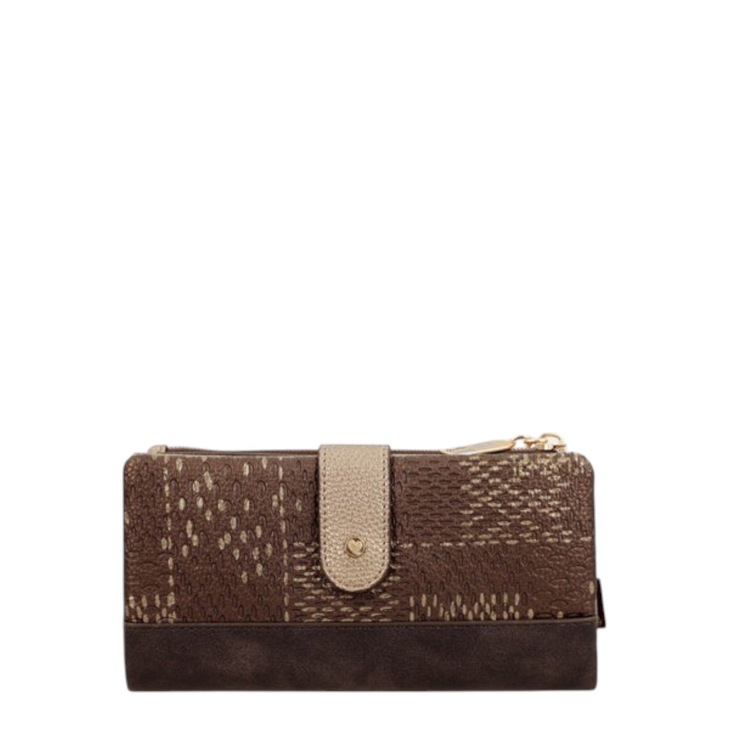 Lieblingstasche brown patterned wallet with a textured finish and a central snap button closure