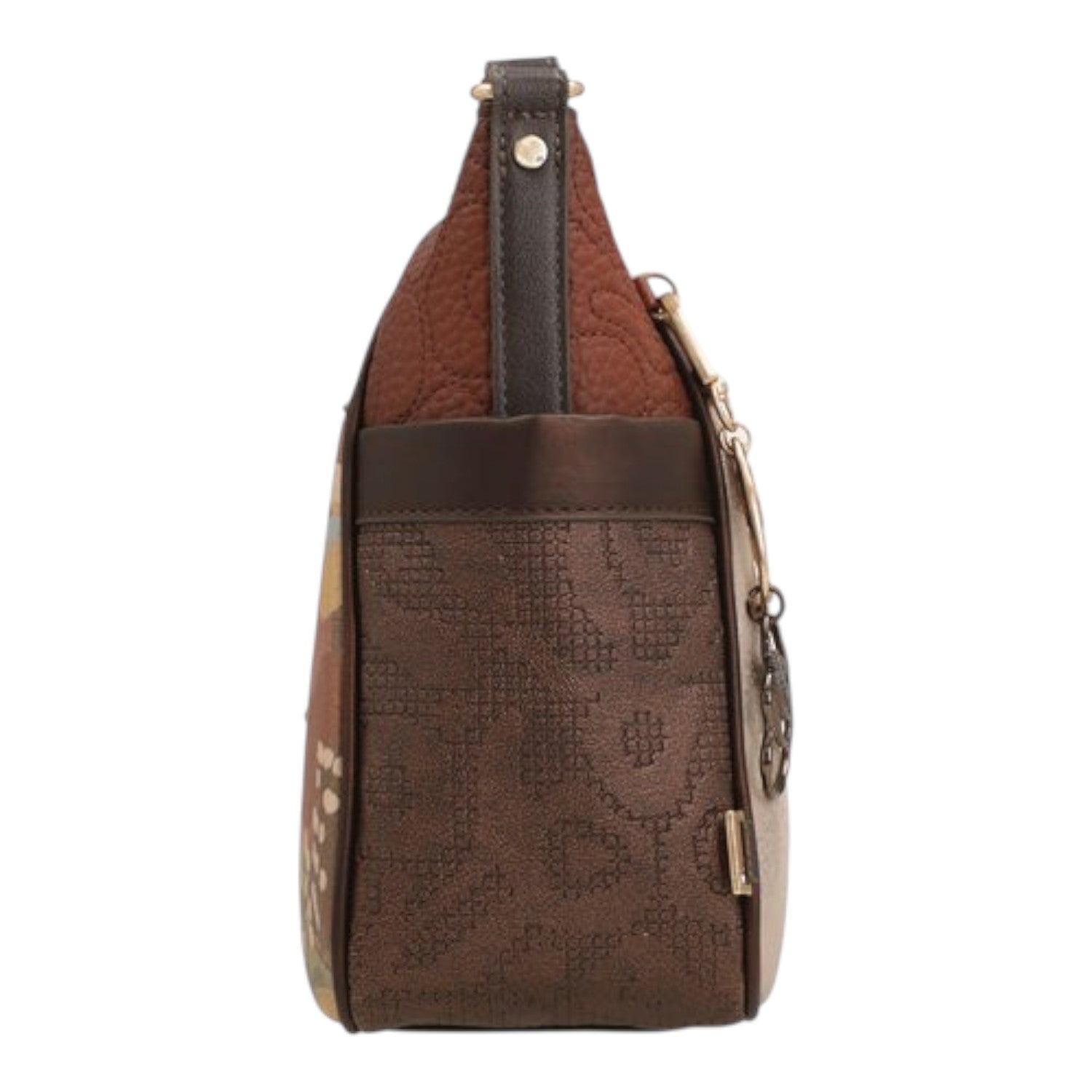 Lieblingstasche cross-body bag in brown with quilted texture, patterned side panels, and metallic hardware details.