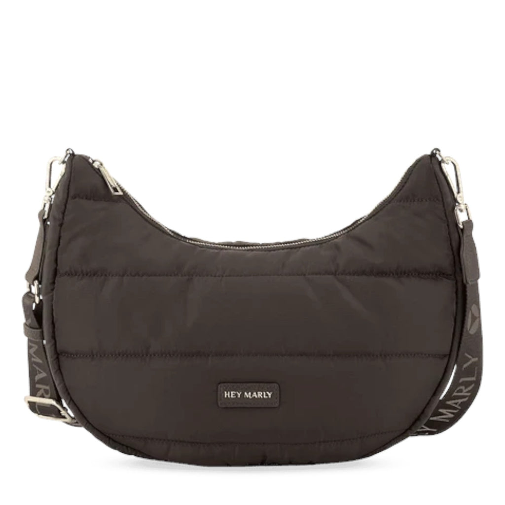 Lieblingstasche Lifetime Buddy M dark brown quilted nylon hobo bag with branded shoulder strap and silver hardware