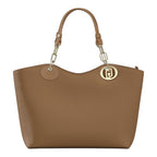 Lieblingstasche ECS Tote L in brown faux leather with gold chain handle accents and circular logo charm