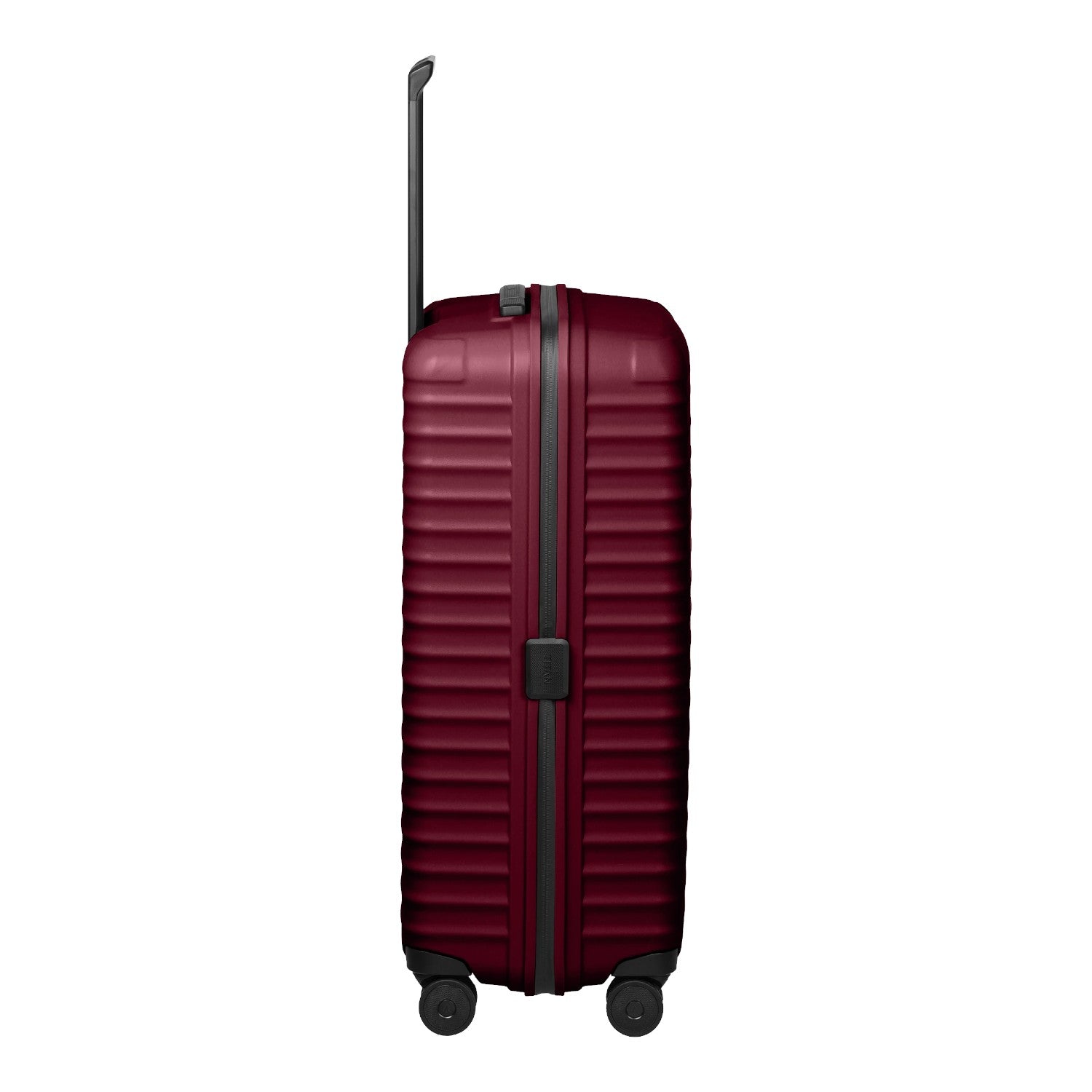 Lieblingstasche UPGRADE 4w Trolley L in deep burgundy with a ribbed hard shell and four wheels, side view.