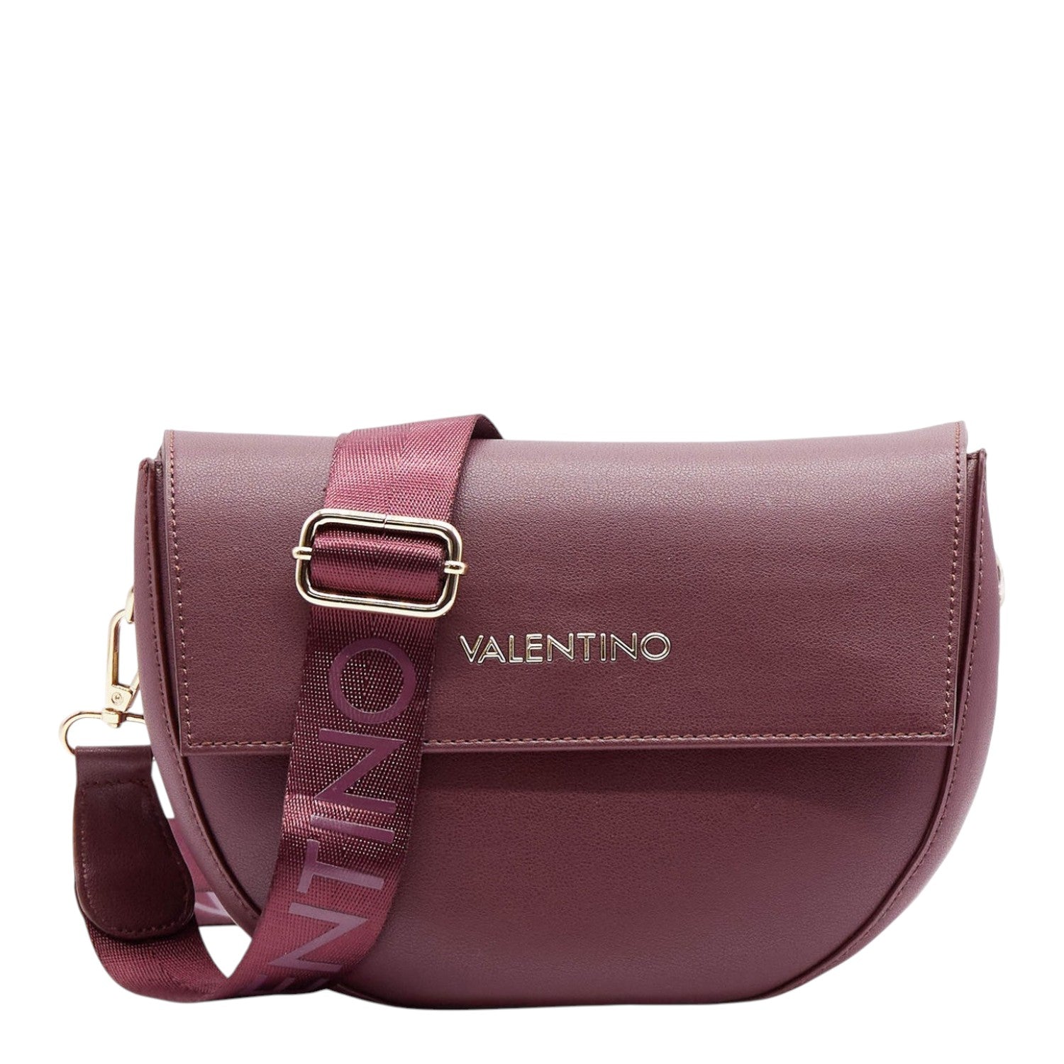 Lieblingstasche burgundy leather flap bag with adjustable logo strap and gold hardware.