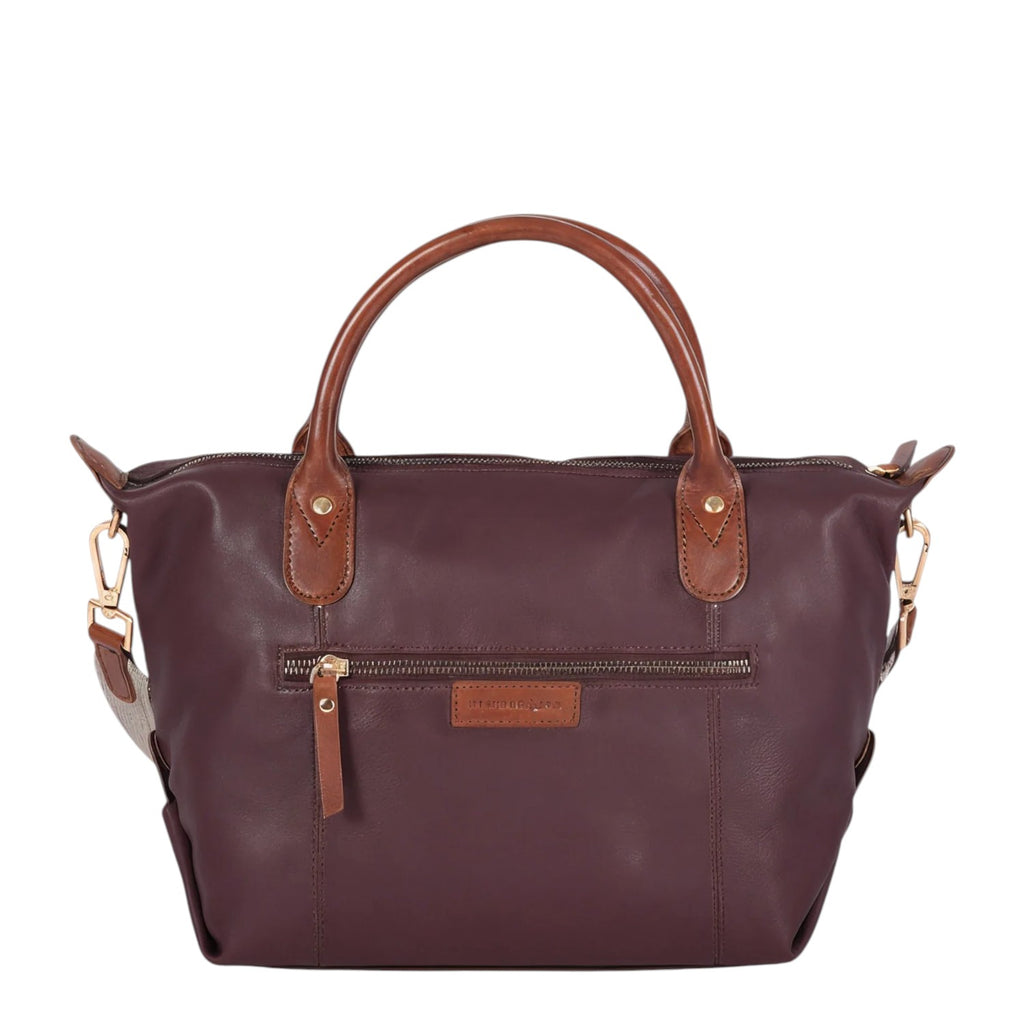 Lieblingstasche Lucia M deep burgundy leather handbag with brown leather handles and gold hardware.