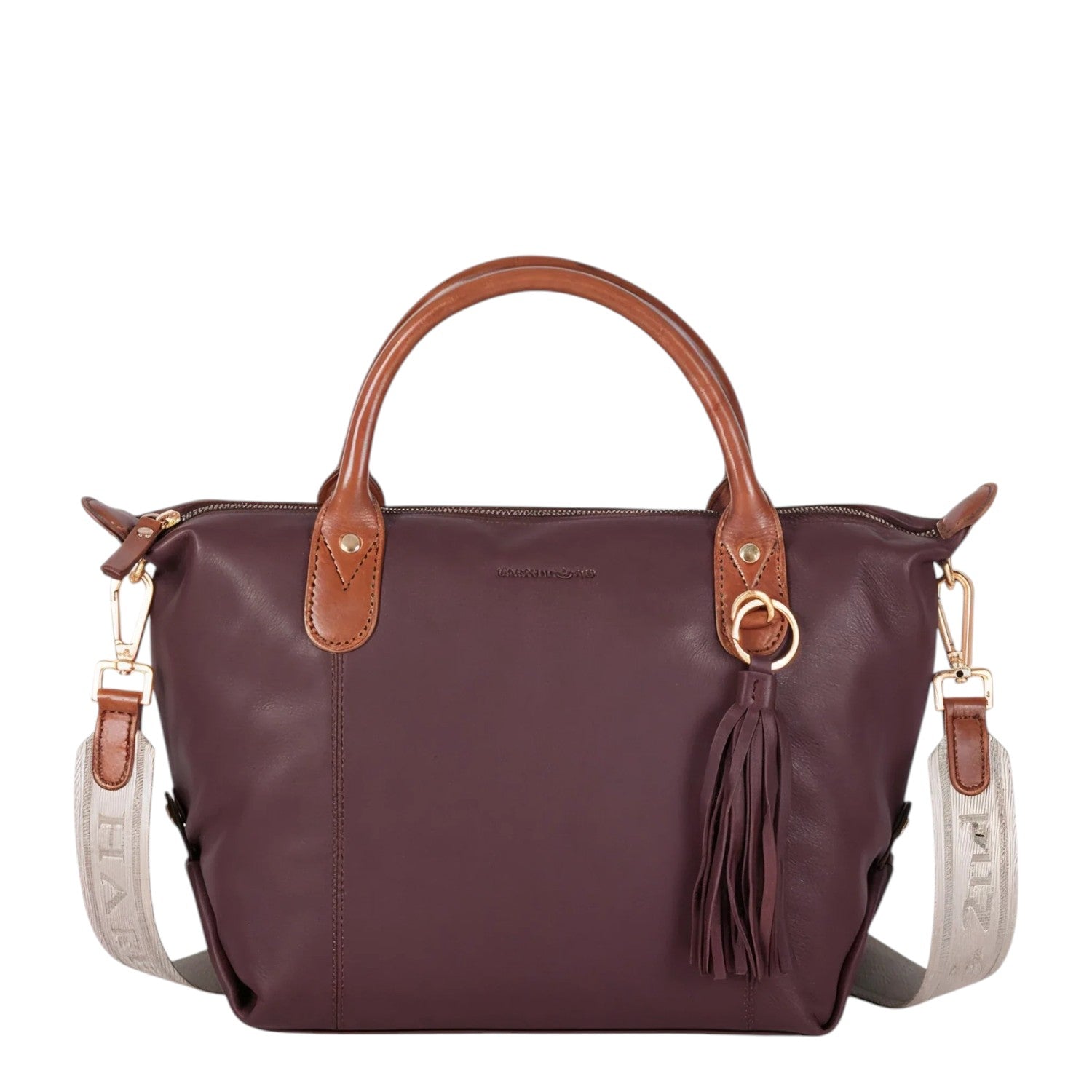 Lieblingstasche Lucia M burgundy leather handbag with tan leather handles and tassel detail.