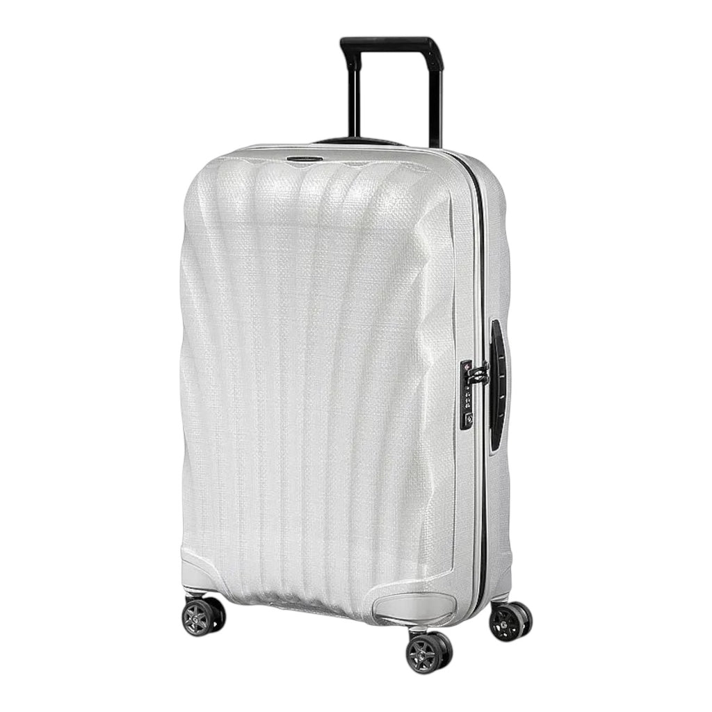 Lieblingstasche C-Lite Spinner 69/25 suitcase in white with a ribbed hard shell, telescopic handle, and four wheels.