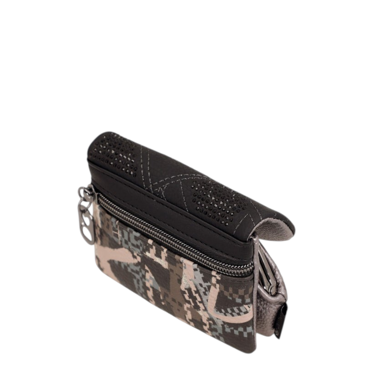 Lieblingstasche purse featuring a black flap with rhinestone details and a camouflage pattern body with zipper