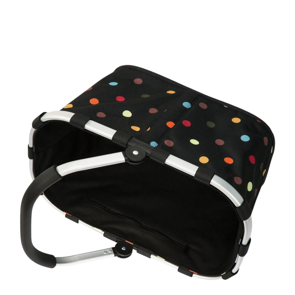 Lieblingstasche Carrybag in black with a colourful polka dot pattern and a sturdy silver aluminium frame.