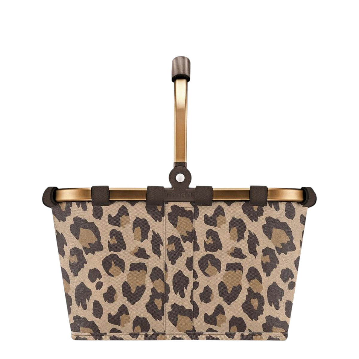 Lieblingstasche Carrybag XS shopping basket in a brown leopard print pattern with a gold-tone frame and handle.