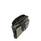 Lieblingstasche purse featuring a grey and black checkered pattern with a secure snap button closure and zip pocket.