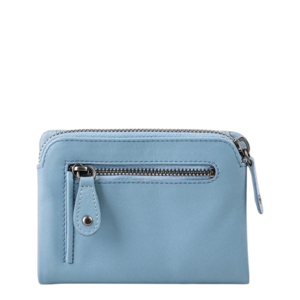 Lieblingstasche Cherry light blue leather wallet with a front zipper pocket and silver hardware