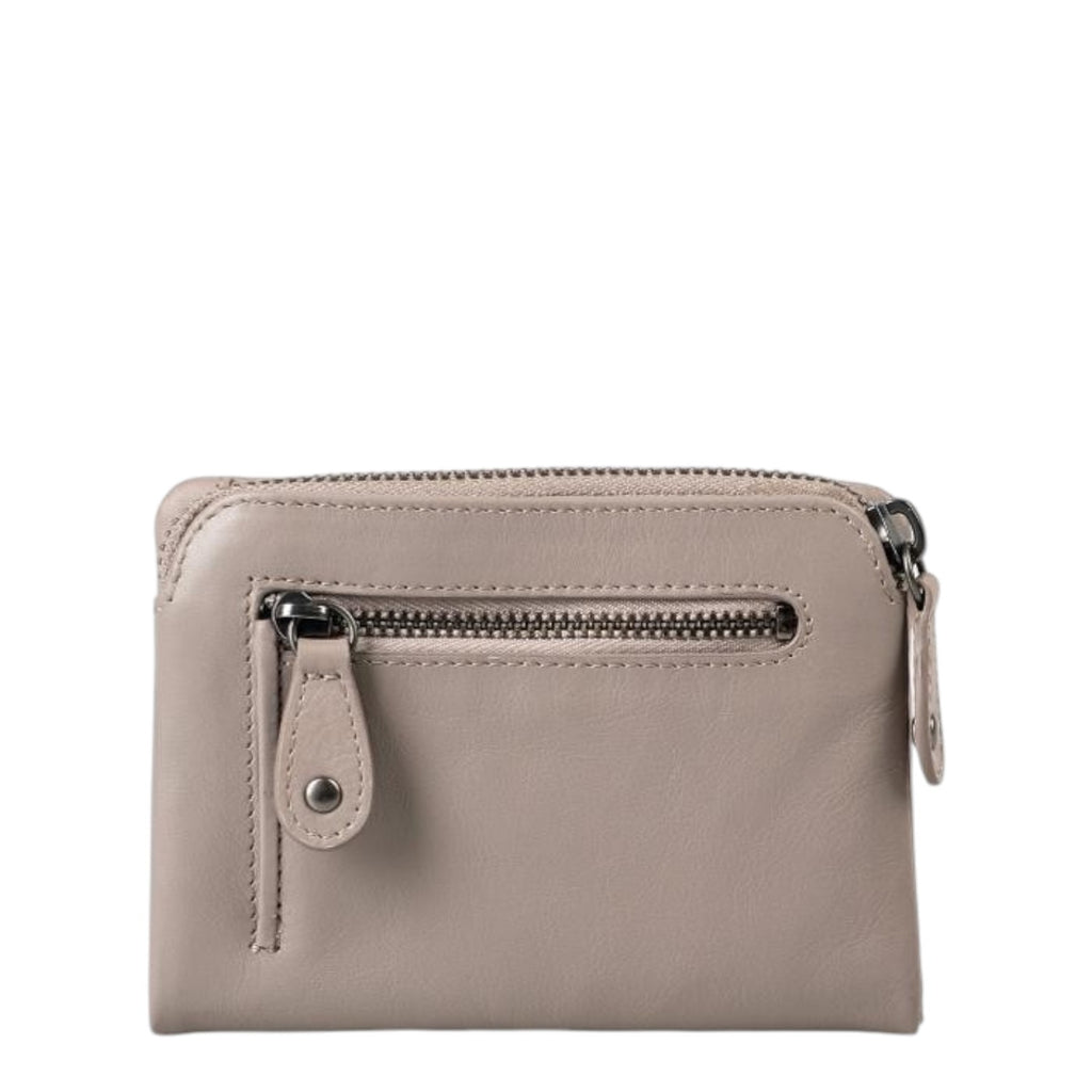 Lieblingstasche Cherry taupe leather wallet with a front zippered pocket and metal hardware on a white background