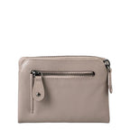 Lieblingstasche Cherry taupe leather wallet with a front zippered pocket and metal hardware on a white background
