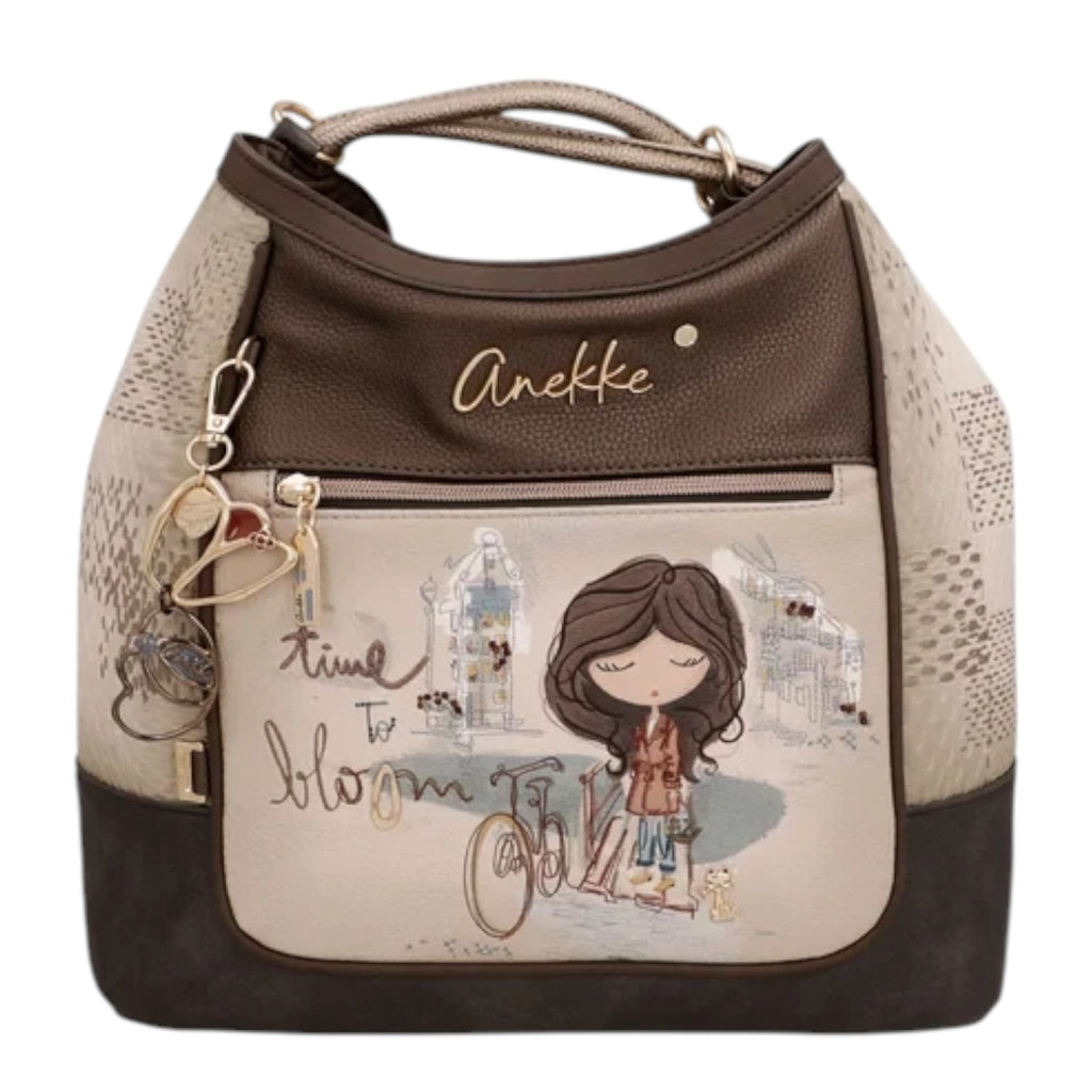 Lieblingstasche convertible backpack featuring Anekke Time to Bloom illustration with brown and beige synthetic leather