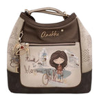 Lieblingstasche convertible backpack featuring Anekke Time to Bloom illustration with brown and beige synthetic leather