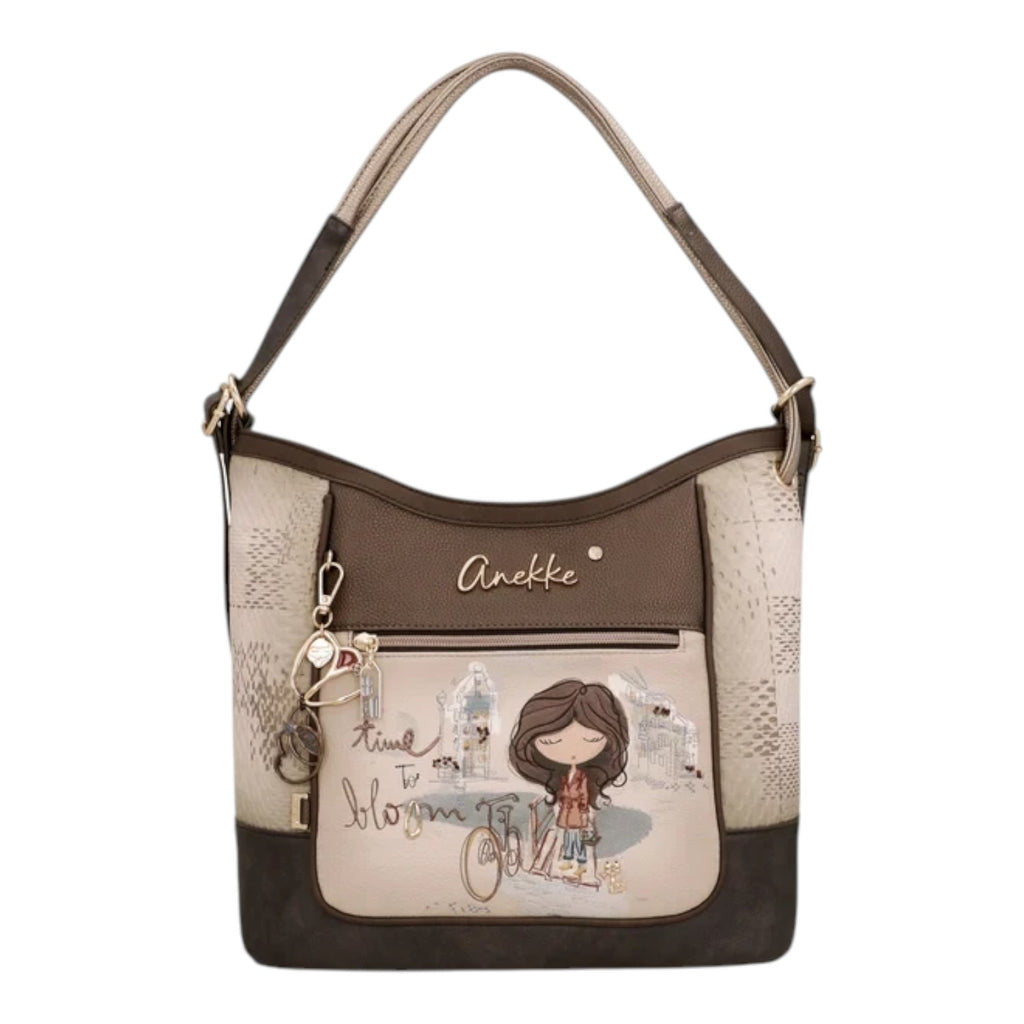 Lieblingstasche convertible backpack in brown and beige with Anekke illustration, front zip pocket, and charm detail.