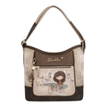 Lieblingstasche convertible backpack in brown and beige with Anekke illustration, front zip pocket, and charm detail.