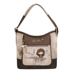 Lieblingstasche convertible backpack in brown and beige with Anekke illustration, front zip pocket, and charm detail.