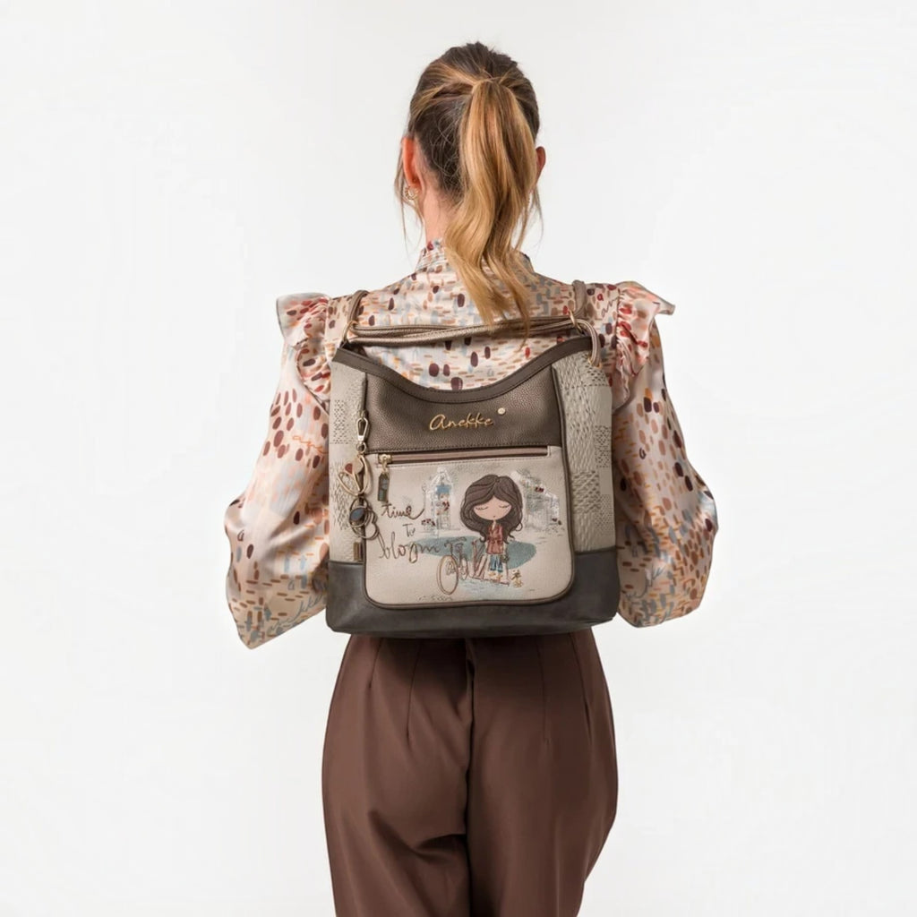 Lieblingstasche convertible backpack with Anekke illustration, featuring brown and beige faux leather details.