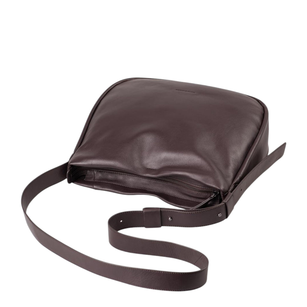 Lieblingstasche Coral dark brown leather crossbody bag with adjustable strap and top zipper closure