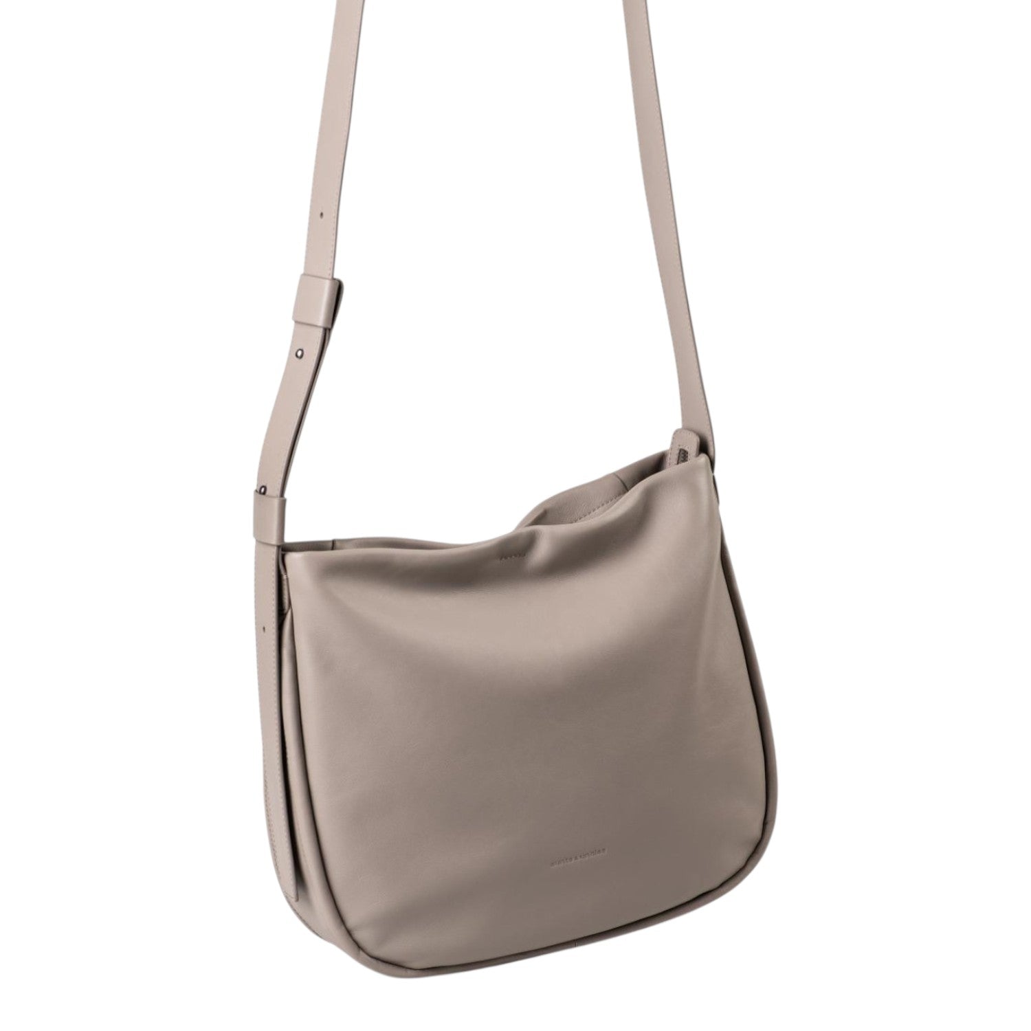 Lieblingstasche Coral taupe leather crossbody bag with a soft slouchy silhouette and adjustable shoulder strap.