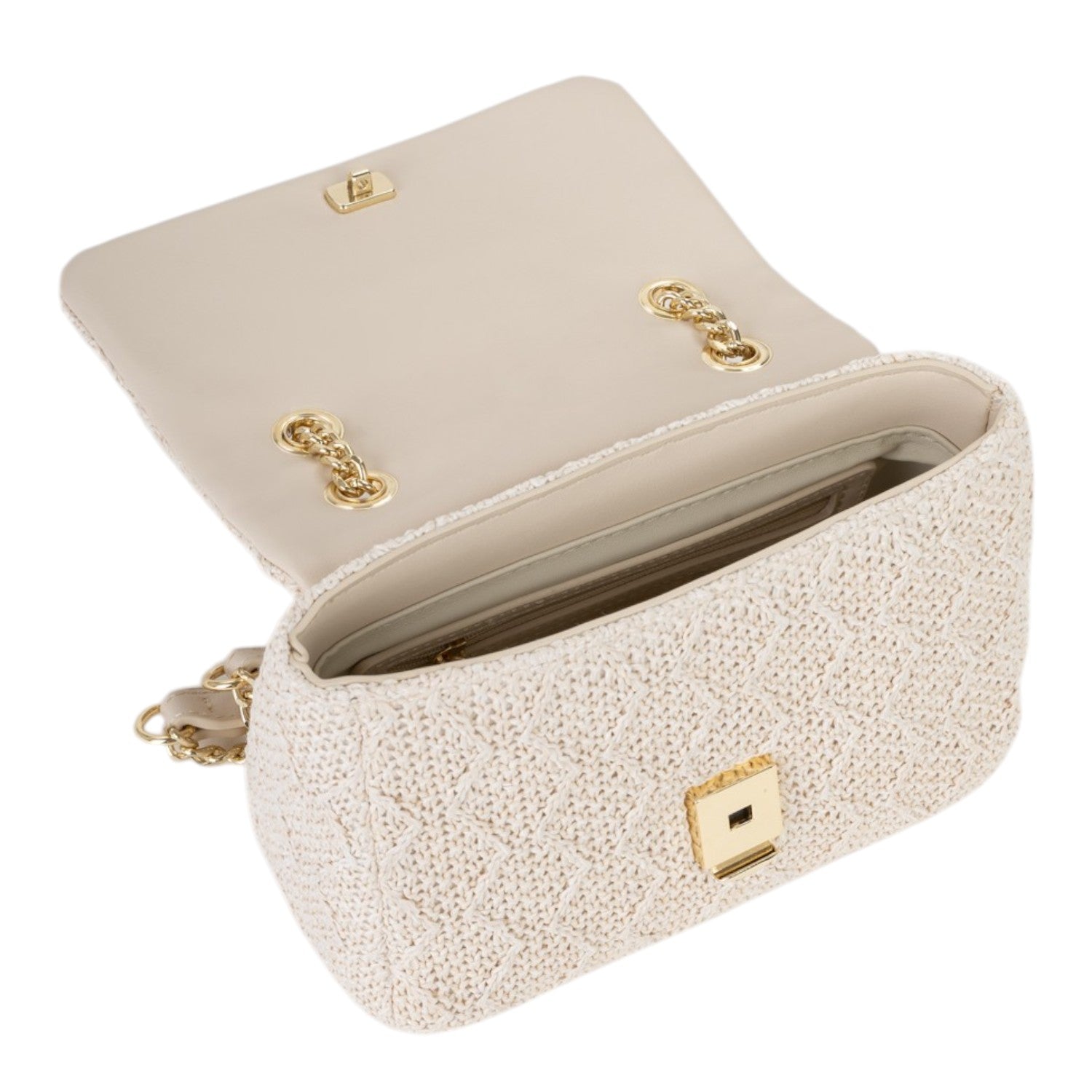 Lieblingstasche Ocarina summer flap bag in cream woven material with gold chain strap and gold clasp.