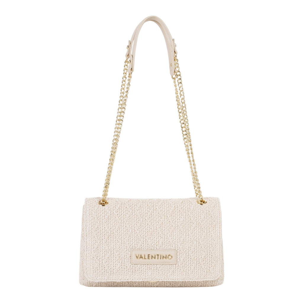 Lieblingstasche Ocarina flap bag in cream woven material with gold chain strap and Valentino logo.